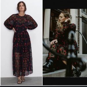 ZARA | Oversized Midi Dress w/ Floral Embroidery Long Sleeve Black/Red